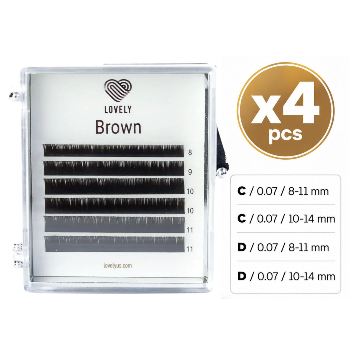 Lovelys Brown false eyelash cluster tray shown in a clear plastic case with five rows of black lashes, alongside a gold 'x4 pcs' badge and a size information card detailing lash lengths C and D.