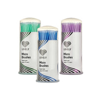 Three containers of Lovely micro brushes with colorful bristle heads on a white background